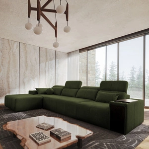 Rohová sedací souprava s funkcí spaní Tesalia XII zelená levá moderní design pohodlný posuvný opěrák zásuvka v boku nábytku