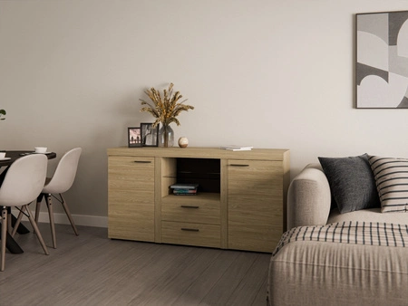 Komoda se zásuvkami Rene 156 cm olejovaný dub elegantní a univerzální komoda ve stylu obývacího pokoje vkusné černé úchytky