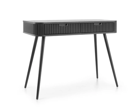 Černá konzola Zoya se zásuvkami stylový a funkční toaletní stolek zakřivený masivní tvar rýhovaná čela zásuvek kovové nohy