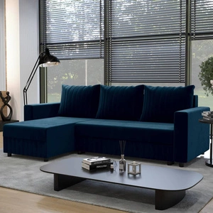 Rohová sedací souprava s funkcí spaní Pasco tmavě modrá levá klasická rohová sedací souprava, která se hodí do každého interiéru dekorativní prošívání