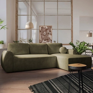 Rohová sedací souprava s funkcí spaní Colio olivová pravostranná stylová rohová sedací souprava se zajímavým tvarem velurové tkaniny s dekorativním polštářem koule