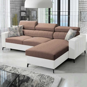 Rohová sedací souprava s funkcí spaní Savona světle hnědá / bílá pravá elegantní rohová sedací souprava s nastavitelnými opěrkami hlavy dekorativní prošívání