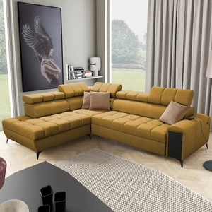 Rohová sedačka s funkcí spaní Bolmso VII hořčice levá elegantní rohová sedačka do obývacího pokoje se zásuvkou a kontejnerem na lůžkoviny