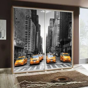 Posuvná skříň Artistino 205 cm se schodištěm Taxi II grafický korpus skříně z dubu catania z 22 mm silné desky