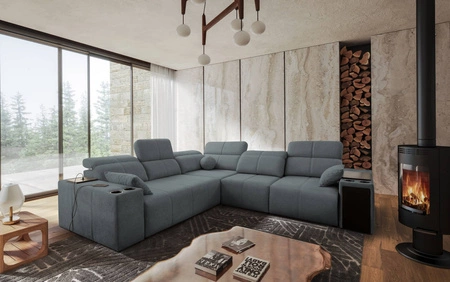 Rohová sedací souprava s funkcí spaní Tesalia III šedá pravá komfortní rohová sedací souprava s posuvným opěradlem dvě nádoby na lůžkoviny