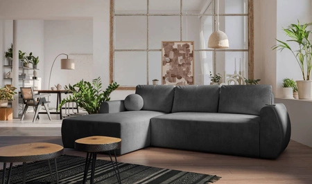 Rohová sedací souprava s funkcí spaní Colio graphite levá strana stylová rohová sedací souprava se zajímavým tvarem velurová látka dekorativní polštář koule