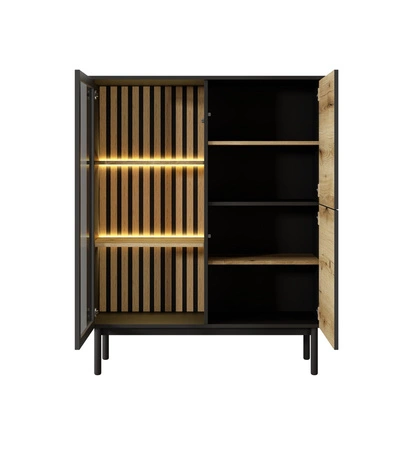 Sestava nábytku Clovis černá / dub evokuje netradiční design tlačit na otevření systému skleněných čel lamel v interiéru nástěnné skříňky