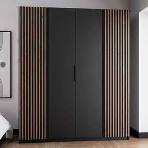 Šatní skříň Kastano XI 200 cm černá moderní designové dveře šatní skříně zdobené dubovými lamelami evokujícími stylové hrany úchytek