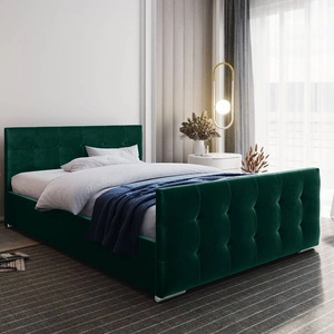 Čalouněná postel Verlan 160x200 lahvově zelená s kontejnerem v moderním skandinávském stylu s prošívaným podhlavníkem a podnožkou