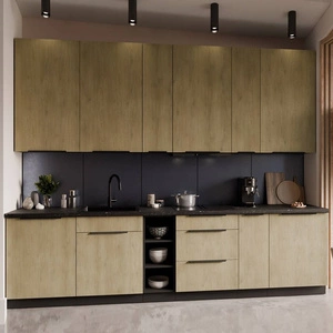 Kuchyňský nábytek Crotone 300 cm elegantní kuchyňské skříňky s kovovými úchytkami na hraně skříňka s nákladním košem
