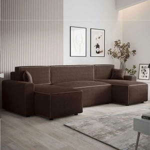 Rohová sedací souprava s funkcí spaní Brandon U Bis hnědý kontejner na lůžkoviny trojrozměrná látka s výraznými pruhy měkké područky