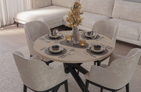 Kulatý stůl Lyon 110 cm dub lindberg / černý designový jídelní stůl na kovových pavoučích nohách výškově nastavitelný