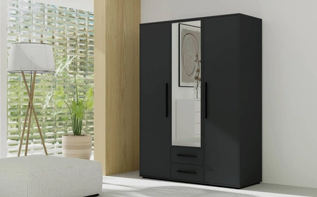 Zrcadlová šatní skříň Maxione 150 cm černá funkční šatní skříň do ložnice, pokoje pro mládež nebo předsíně obohacená o zásuvky