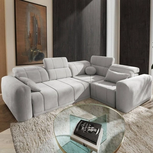 Rohová sedací souprava s funkcí spaní Cetara II šedý jasan pravá strana stylový design posuvné opěrky zad nastavitelné opěrky hlavy a zásobník na lůžkoviny