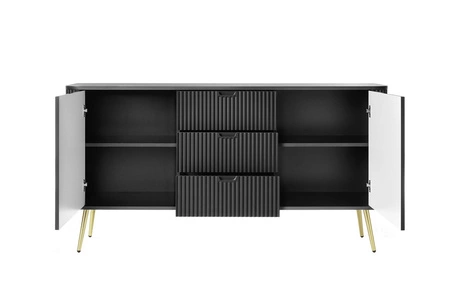 Černá komoda Zoya 168 cm elegantní design oválný tvar na kovových zlatých nohách vkusné rýhované čelo