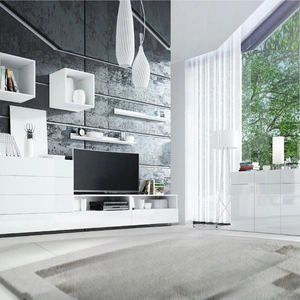 Nábytková sestava Psaru bílá / bílý lesk Moderní designová nástěnná skříňka do obývacího pokoje nebo obývacího pokoje s vysoce lesklými čely