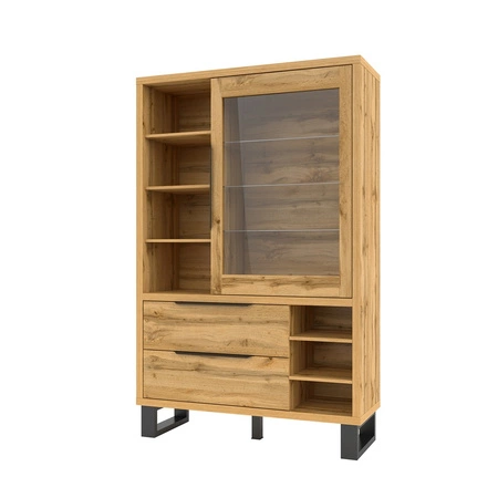 Skříňka Halle 120 cm dub wotan jednoduchý tvar podkrovní skříňky na kovovém rámu neobvyklý design prostorné zásuvky