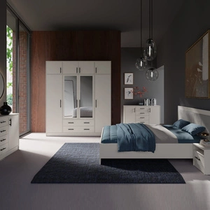 Ložnicová sestava nábytku Caspe béžová geometrická jednoduchá sestava s nadčasovým designem černé úchytky sestava nábytku se šatní skříní