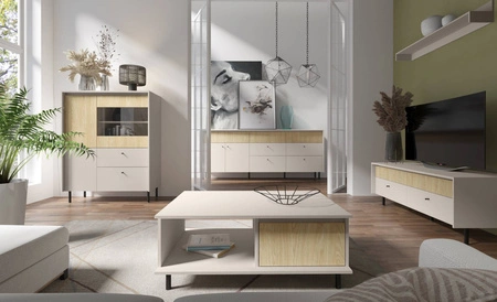 Komoda Cappo 204 cm pískově béžová / olejovaný dub moderní designová komoda do obývacího pokoje jedinečné tlumené barvy