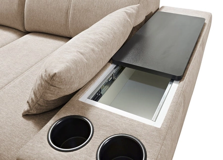 Rohová sedací souprava s funkcí spaní Tesalia modrá levá moderní design pohodlný posuvný opěrák zásuvka v boku nábytku