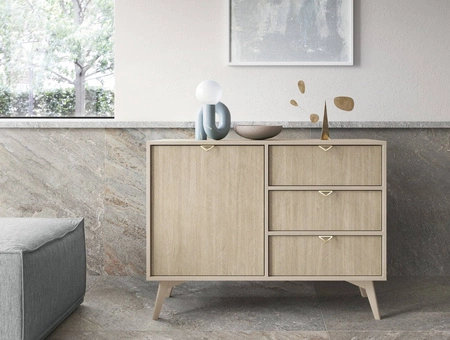 Komoda Wald 106 cm béžová / béžová herringbone vkusný dekor herringbone na čelech komody designové úchyty na hranách