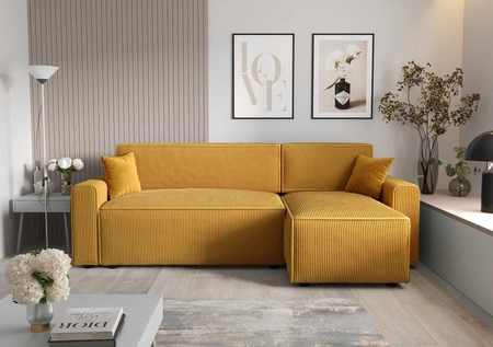 Rohová sedací souprava s funkcí spaní Brandon Bis medová pravá trojrozměrná tkanina s výraznými pruhy nádoba na lůžkoviny