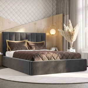 Čalouněná postel Rinus 180x200 s úložným prostorem šedý v moderním skandinávském stylu s pohodlným čelem