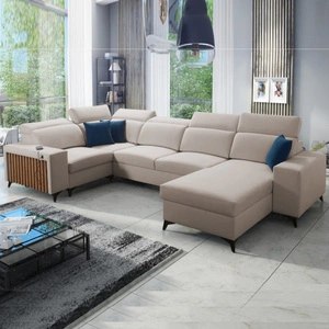 Rohová sedací souprava s funkcí spaní Kelly IV světle béžová sametová pravá pohodlná rohová sedací souprava nastavitelné opěrky hlavy boční čalounění s lamelami