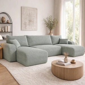 Rohová sedací souprava s funkcí spaní Fiesta U světle šedá stylová rohová sedací souprava se zajímavým tvarem odolná manšestrová látka nádoba na lůžkoviny