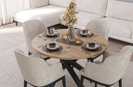 Kulatý stůl Lyon 110 cm dub artisan / černý designový jídelní stůl na kovových pavoučích nohách výškově nastavitelný