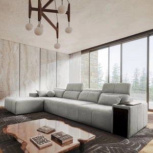 Rohová sedací souprava s funkcí spaní Tesalia XII šedý jasan levá moderní design pohodlný posuvný opěrák zásuvka v boku nábytku