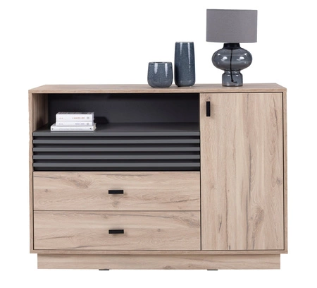 Komoda Estan 120 cm dub estan světlý / antracit moderní designový nábytek kvalitní zpracování hrany komody zakončené speciální dýhou