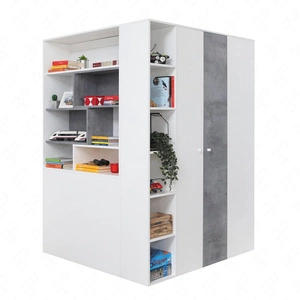 Rohová šatní skříň Epsilon bílá / beton ideální jako užitková a prostorná skříň se zásuvkami a policemi