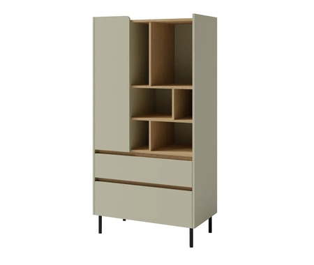 Knihovna se zásuvkami Paguro 80 cm eukalyptus / baltický dub dune elegantní design stabilní vysoké nohy knihovna s dvířky a zásuvkami