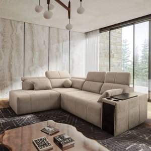 Rohová sedací souprava s funkcí spaní Tesalia VII béžová levá moderní design pohodlný posuvný opěrák zásuvka v boku nábytku