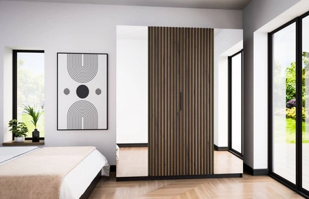 Šatní skříň se zrcadlem Kastano XIV 200 cm černá / dub evoke elegantní design šatní skříň dveře zdobené černými lamelami šatní skříň do předsíně