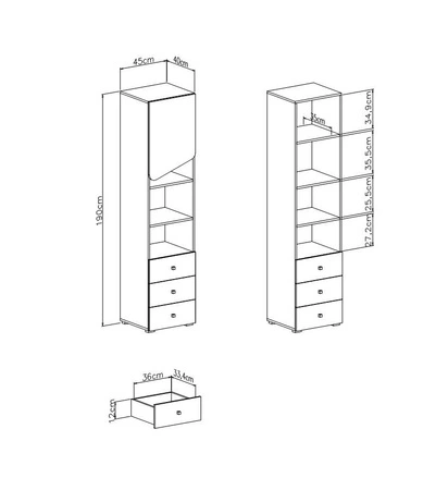 Knihovna se zásuvkami Dzeta 45 cm dub / antracit ideální do pokoje pro mládež prostorná a použitelná knihovna moderní design