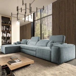 Rohová sedací souprava s funkcí spaní Viano XII šedomodrá levá rohová sedací souprava se zajímavým tvarem nastavitelné opěrky hlavy dekorativní polštáře