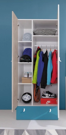 Šatní skříň Niko 80 cm bílá / dub / mořská ideální do pokoje pro mladé funkční šatní skříň se zásuvkou