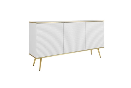 Luxusní komoda 160 cm bílá elegantní design stylová drážkovaná čela korpus komody doplněný zlatým lemováním zlaté kovové nohy