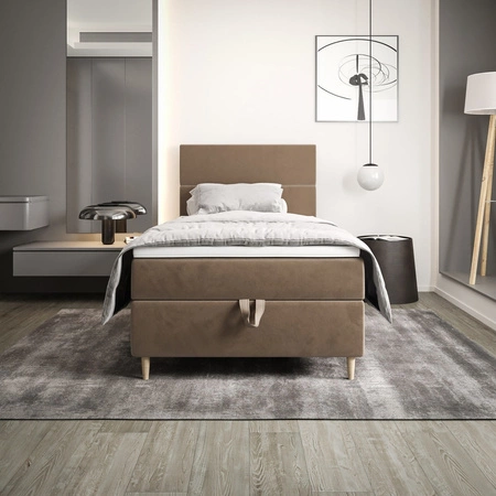 Kontinentální postel Bing 120x200 světle hnědá v moderním skandinávském stylu s čalouněným čelem postele s úložným boxem