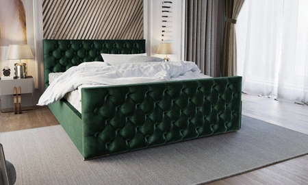 Čalouněná postel Viamao 160x200 lahvově zelená s kontejnerem v moderním skandinávském stylu s prošívaným čelem a nohama