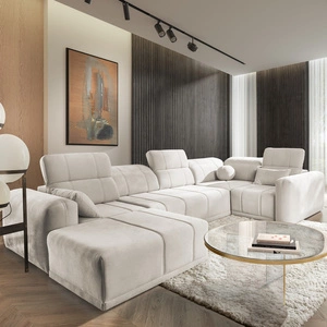 Rohová sedací souprava s funkcí spaní Cetara IV krémová levá strana stylový rohový design s posuvnými opěradly dvě nádoby na lůžkoviny