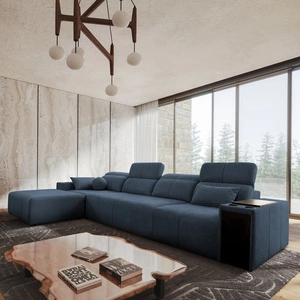 Rohová sedací souprava s funkcí spaní Tesalia XII modrá levá moderní design pohodlný posuvný opěrák zásuvka v boku nábytku