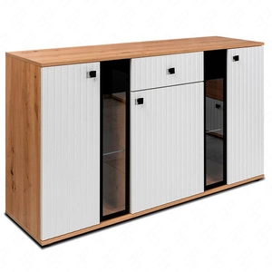 Zásuvková komoda Senja 140 cm řemeslně zpracovaný dub / bílá elegantní design dekorativní drážkované čelo s kovovou rukojetí