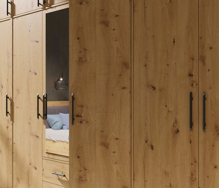 Zrcadlová šatní skříň Caspe 200 cm dub řemeslný moderní design povrchová úprava ABS a černé úchytky