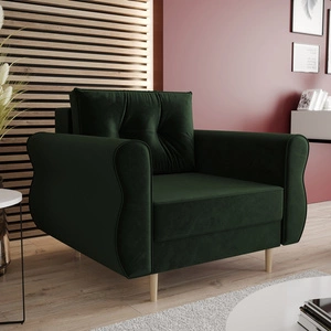 Křeslo Wilkins lahvově zelené elegantní křeslo do obývacího pokoje s prostorným a měkkým sedákem dřevěné nohy dodávají optickou lehkost