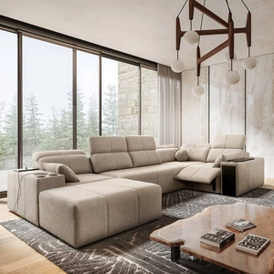 Rohová pohovka s funkcí spaní Tesalia IV Lux béžová levá stylová rohová pohovka s výsuvnou opěrkou nohou a posuvnou funkcí opěradla