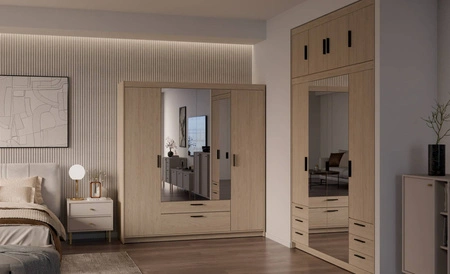 Zrcadlová šatní skříň Rene 176 cm olejovaný dub stylový design černé úchytky ideální šatní skříň do ložnice prostorné zásuvky