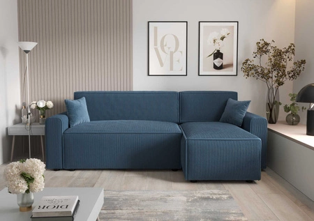 Rohová sedací souprava s funkcí spaní Brandon Bis modrá pravý roh trojrozměrná tkanina s výrazným pruhem podestýlky kontejneru